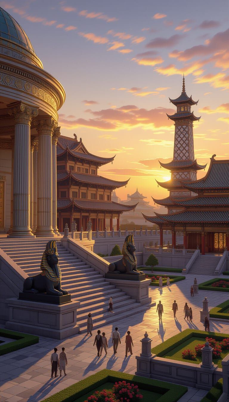 Fantastical Architectural Complex at Sunset Digital Painting