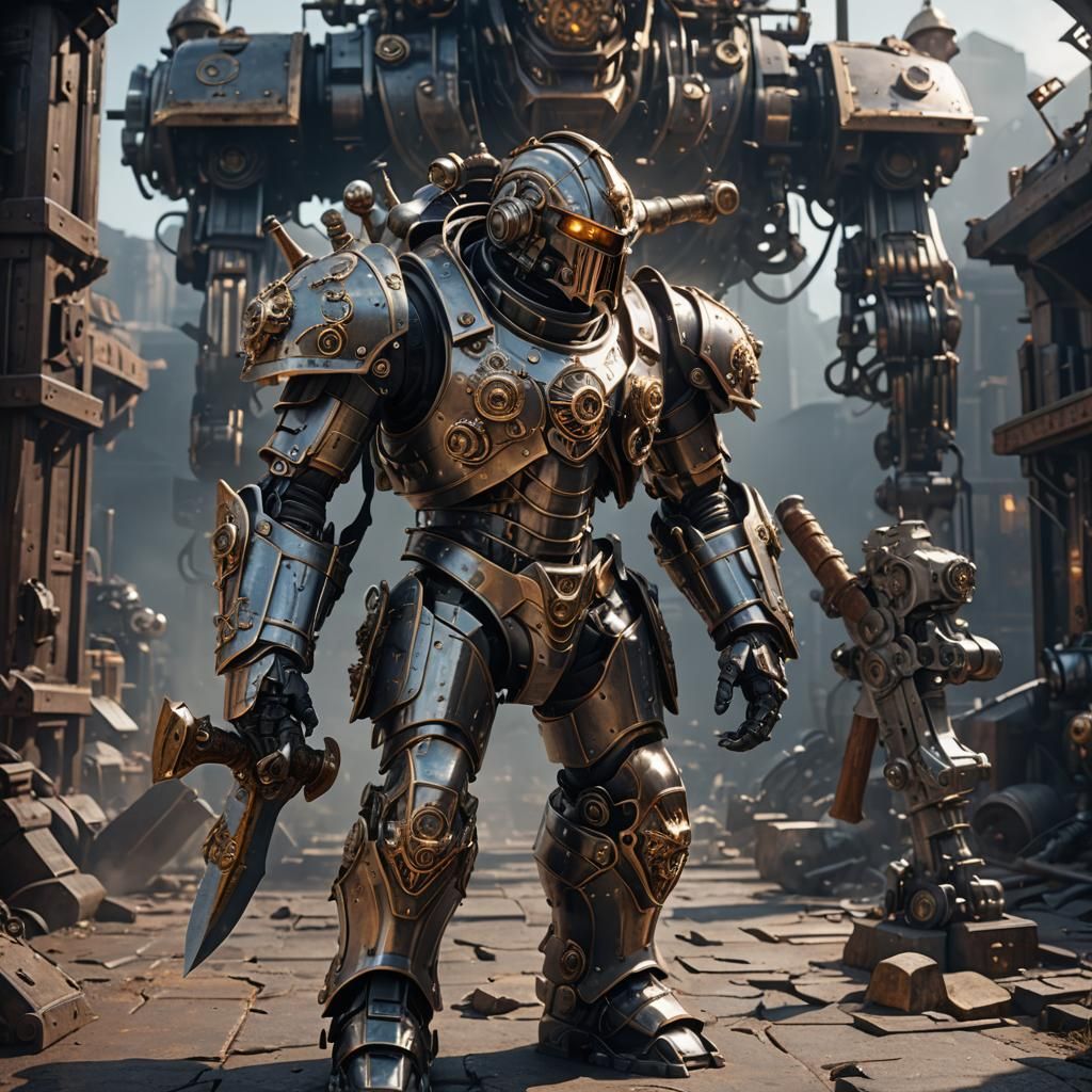 Steampunk Knight in Machine Armor with Axe