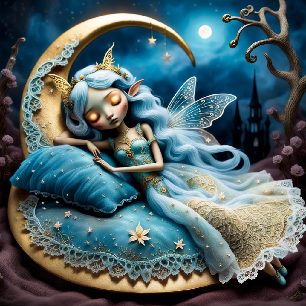 Fairy Sleeps on Moon in Pop Surrealism Style