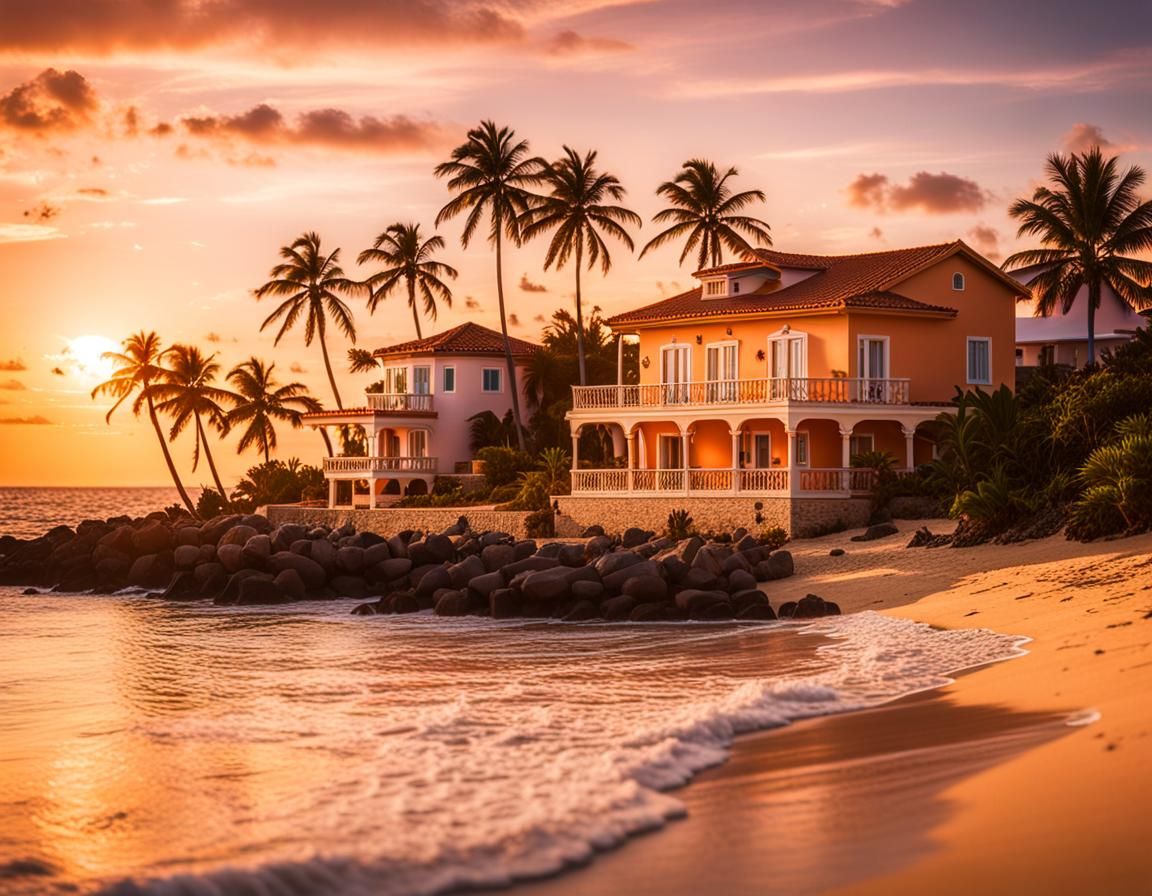 Caribbean Beach Villa at Sunset: Golden Hour