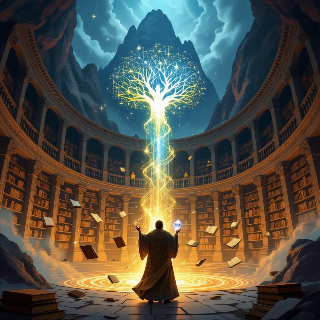 Colossal Rune-Lit Library Under Stormy Skies