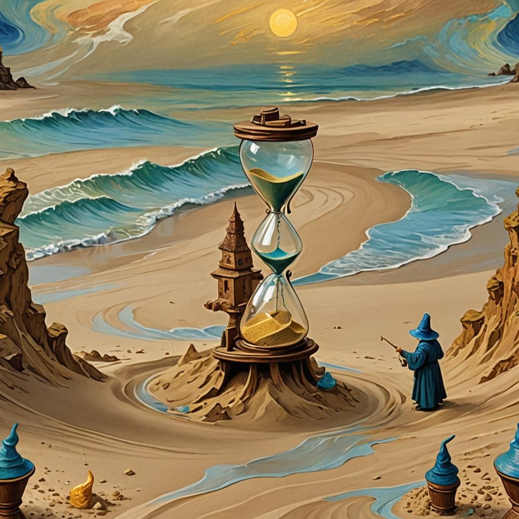 Wizard Halts Time: Van Gogh-Inspired Hourglass Scene