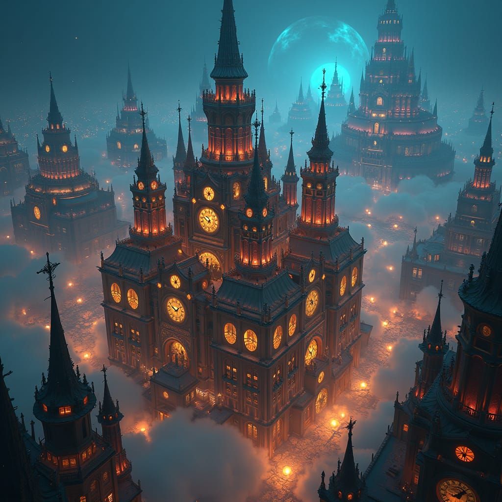 Steampunk City at Night: Aerial Fantasy Concept Art