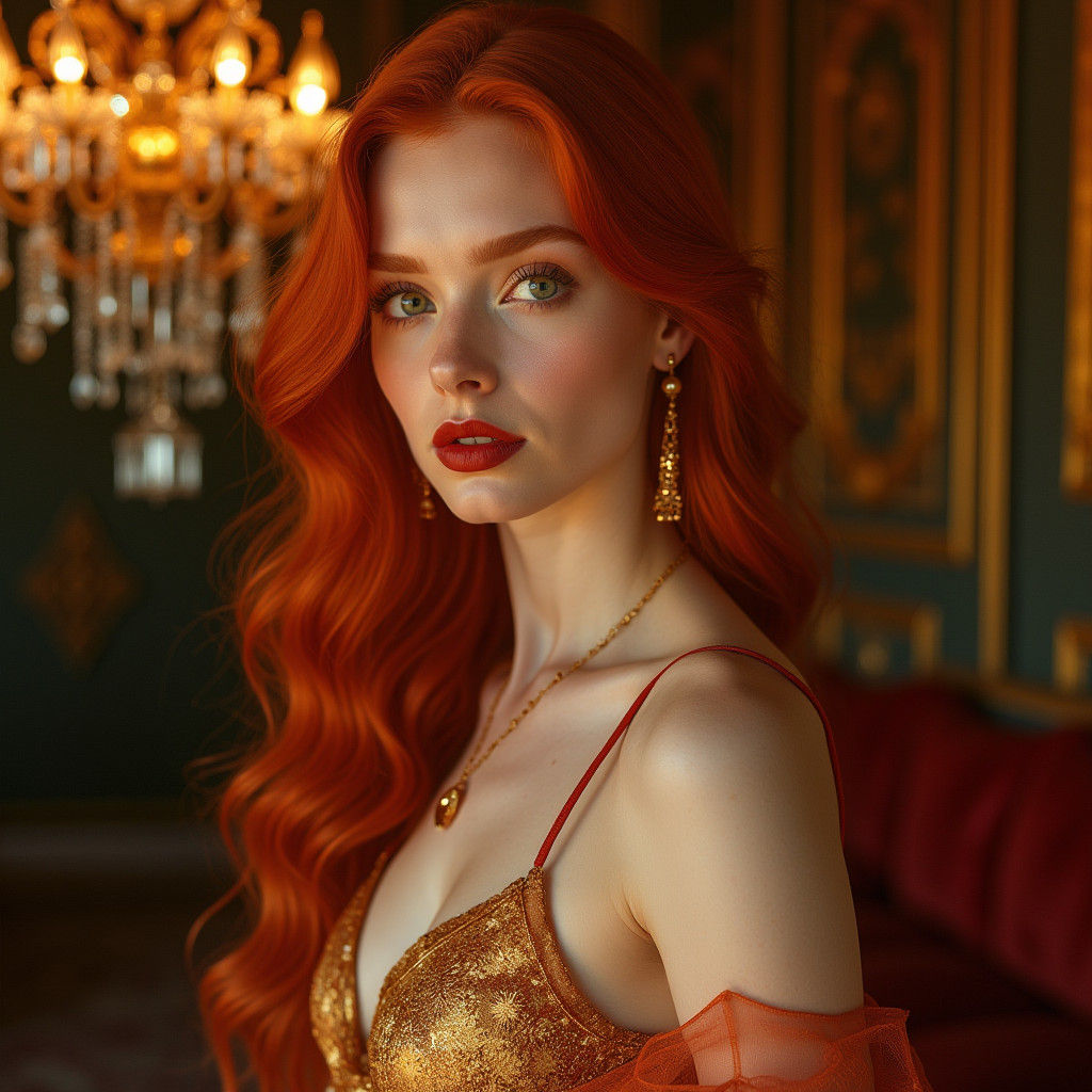 Stunning Woman with Red Hair in Amber Light