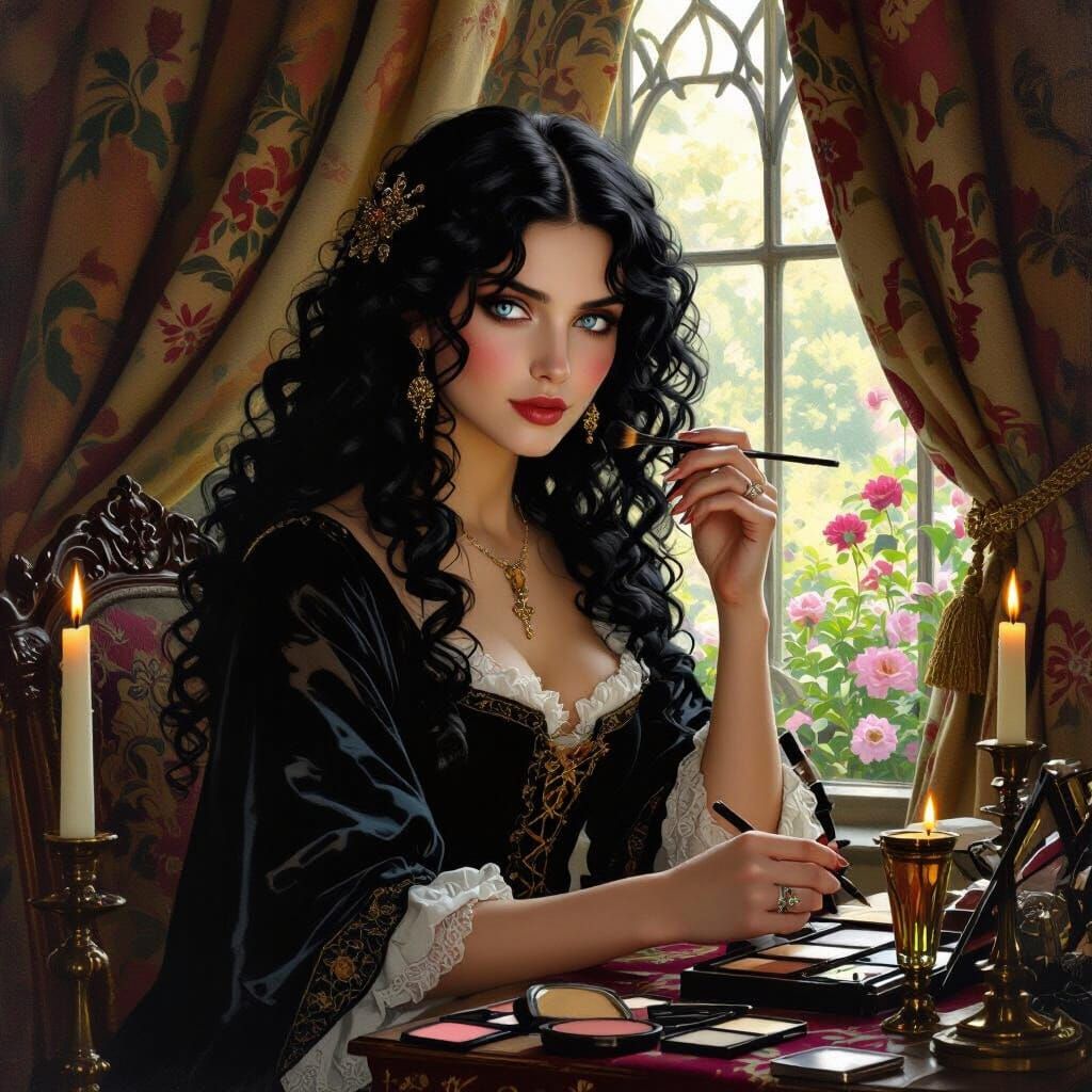Medieval Noblewoman at Vanity in Pre-Raphaelite Style