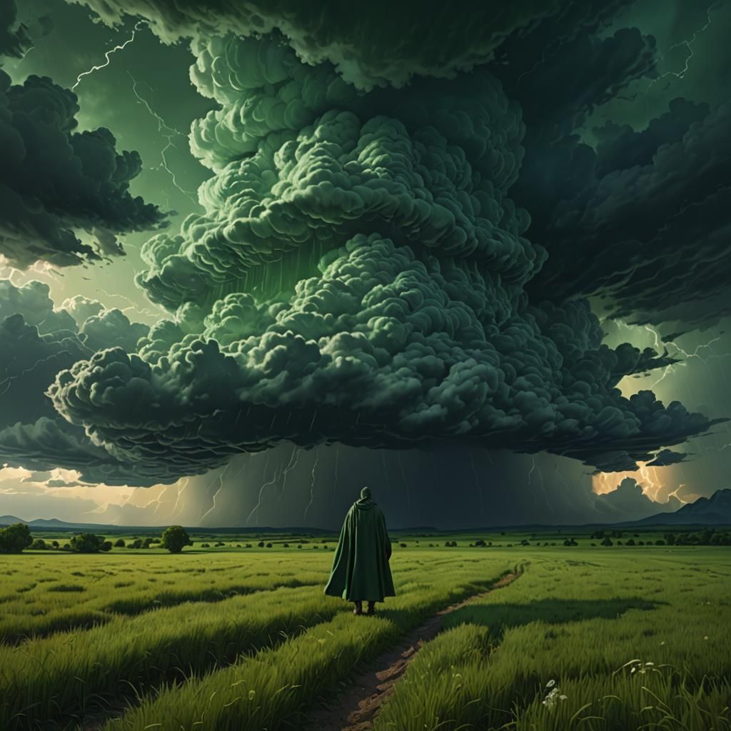 Stranger in Meadow Under Storm Clouds, Matte Painting