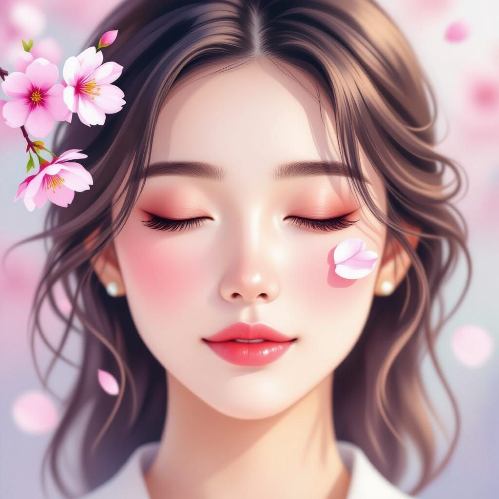 Serene Watercolor Portrait with Cherry Blossom Petal