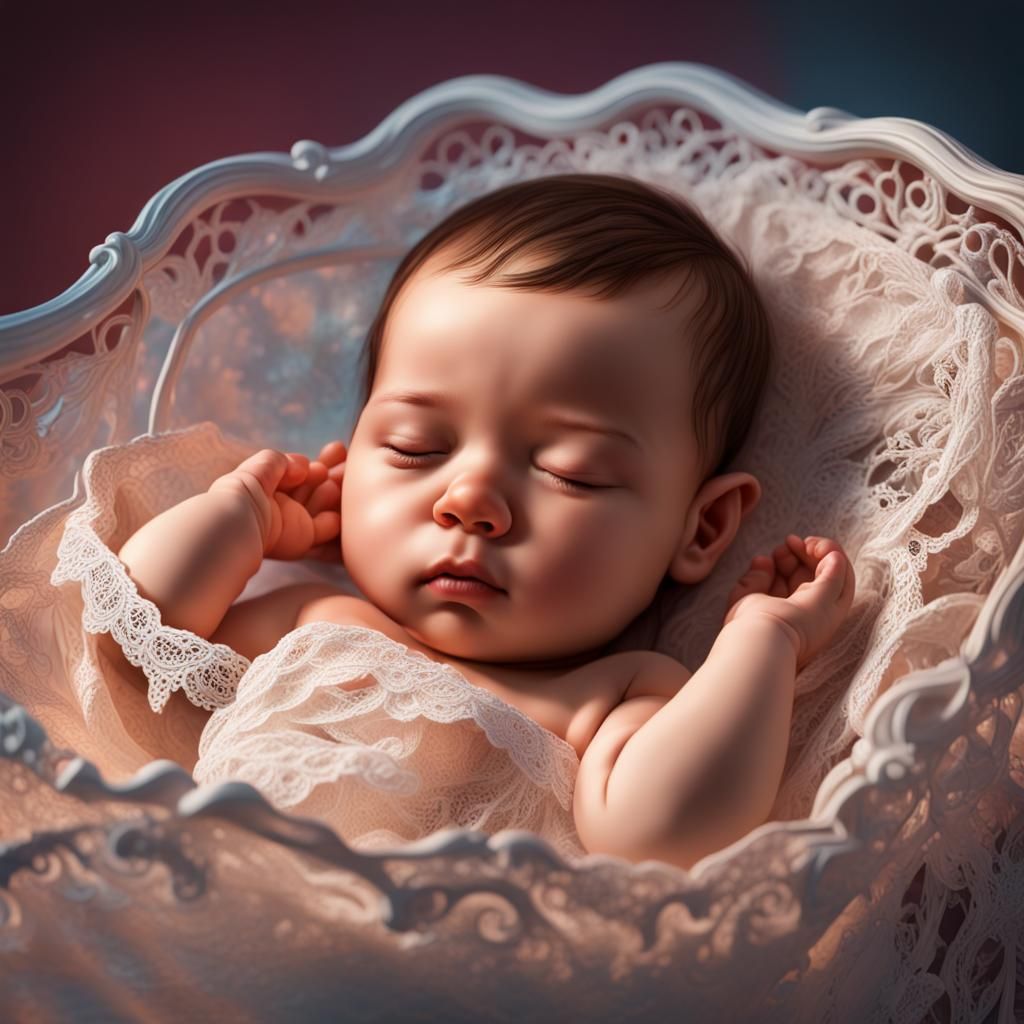 Sleeping Baby in Lace Bed, Hyperrealistic Splash Art