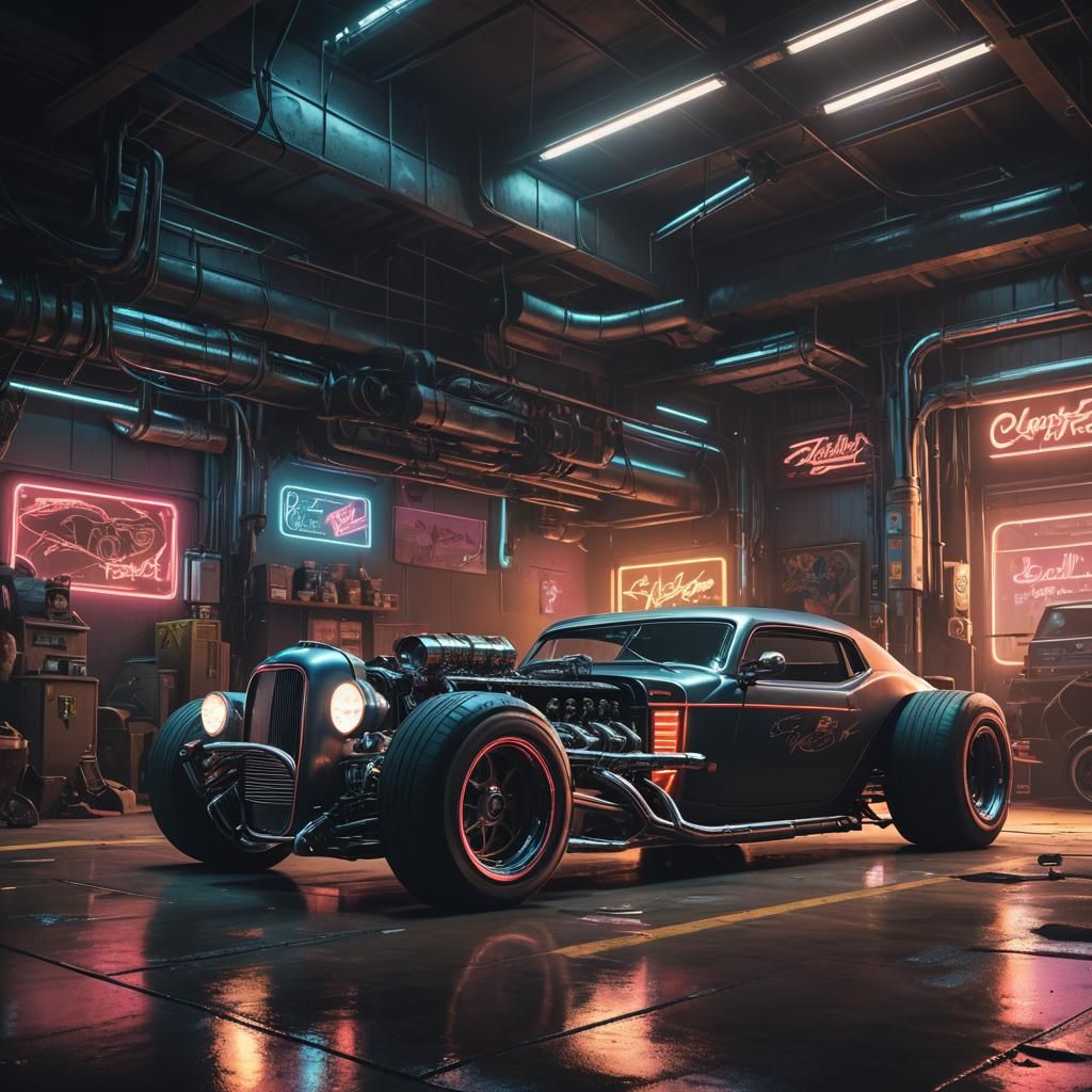 Cyberpunk Rat Rod in Neon Surrealist Garage