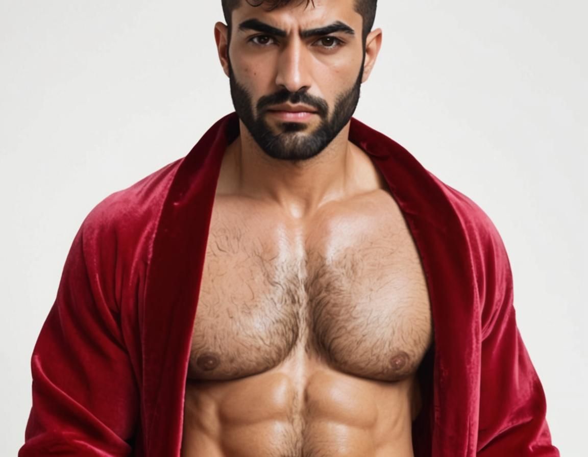 Handsome Hirsute Man in Rose Velvet Robe, Gouache Style