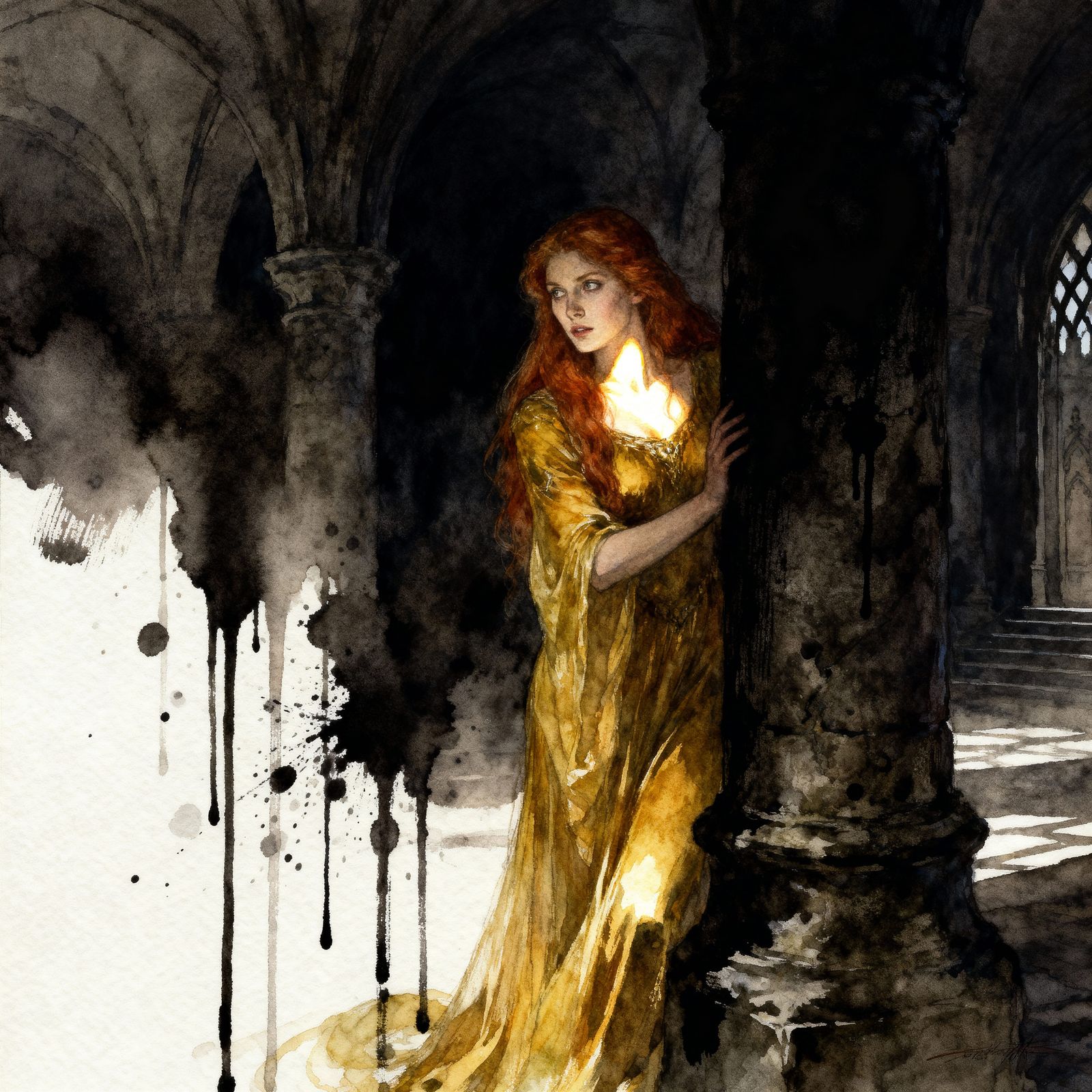 Norse Sun Goddess in Shadowy Castle Hall