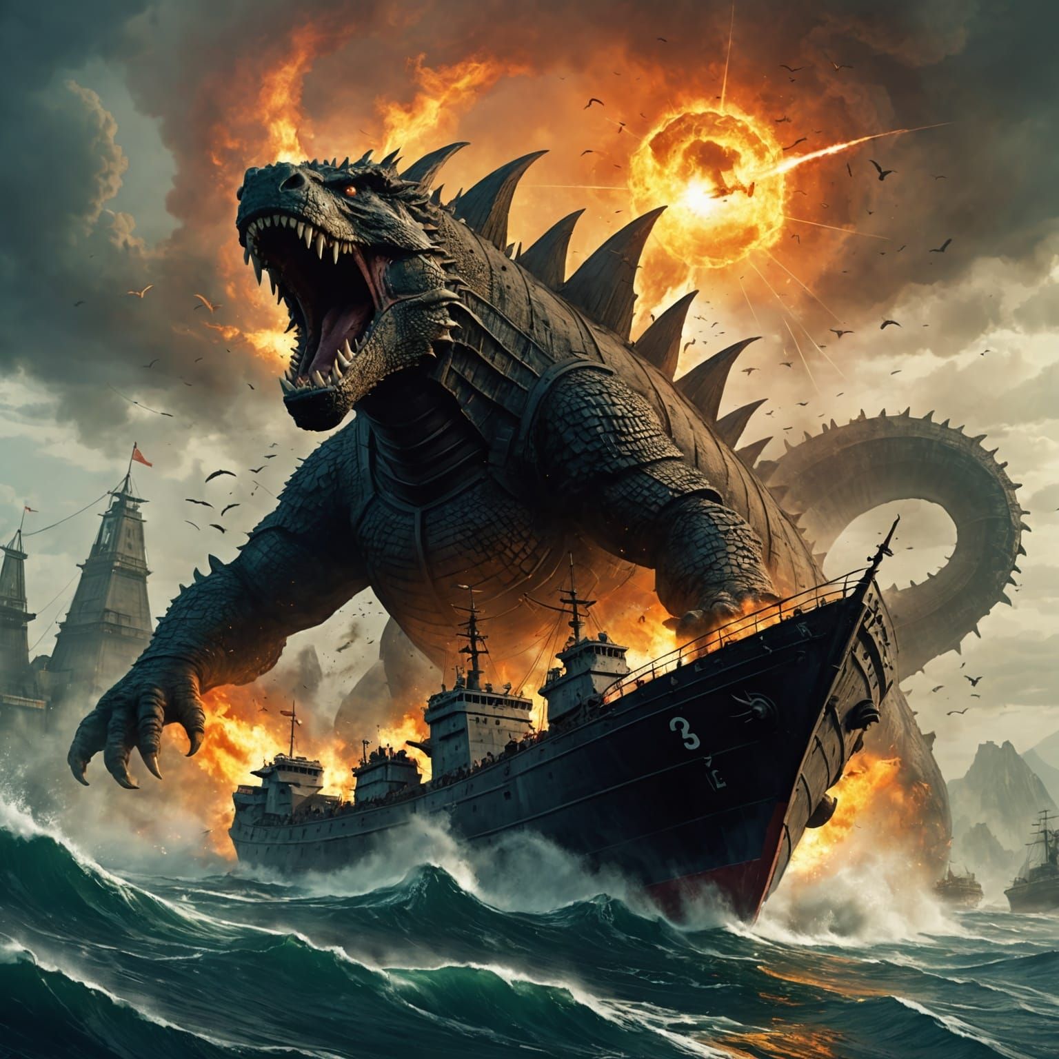 Godzila attack a wat ship