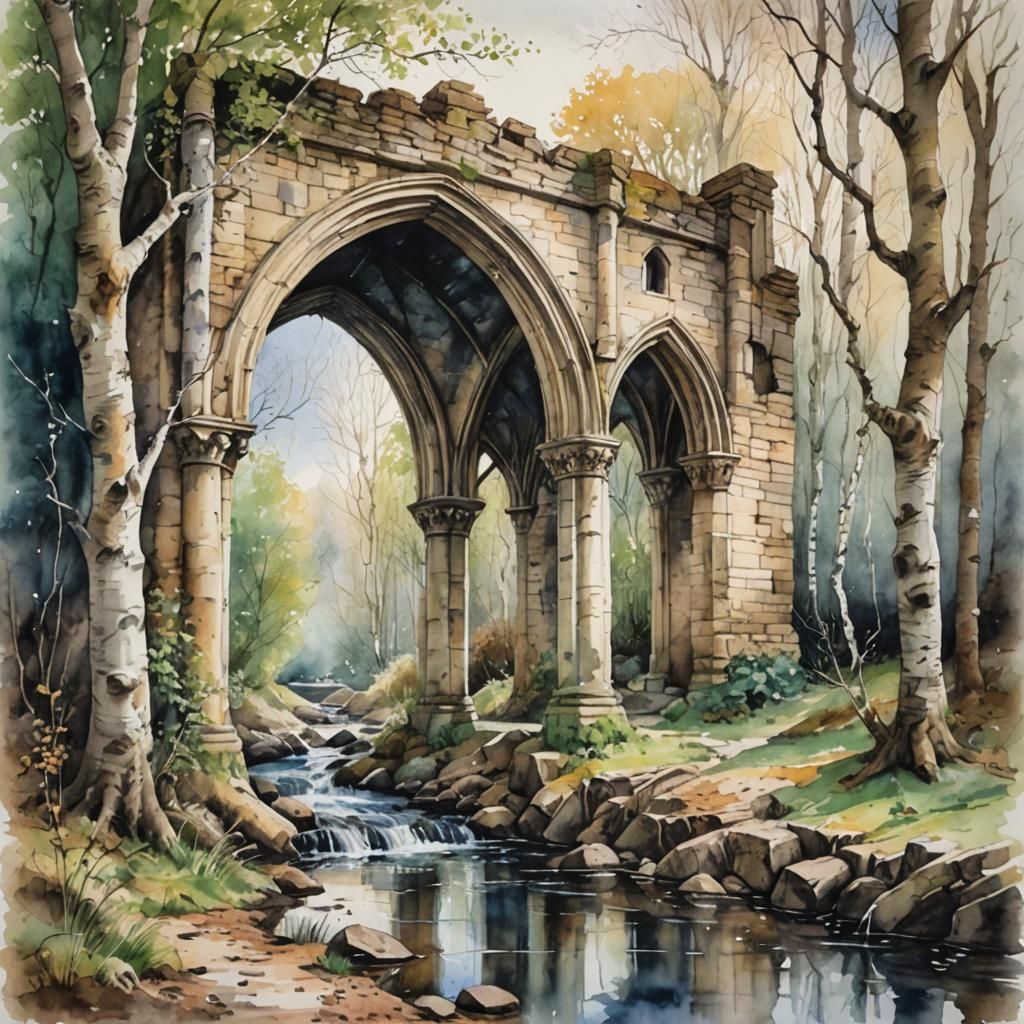 Victorian Watercolour Painting of Birch Wood Stream