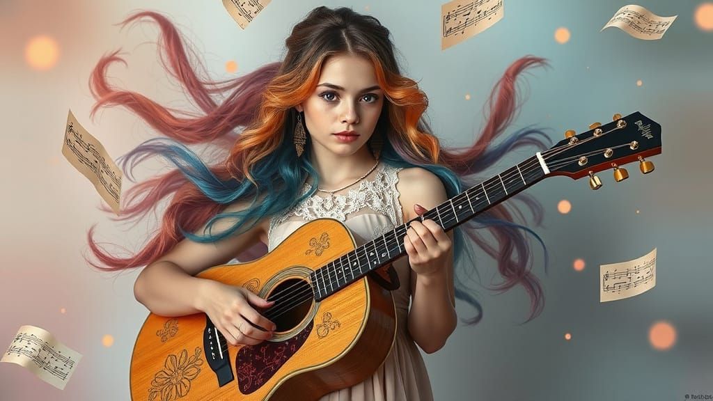 Dreamlike Scene of Woman with Multicolored Hair and Guitar