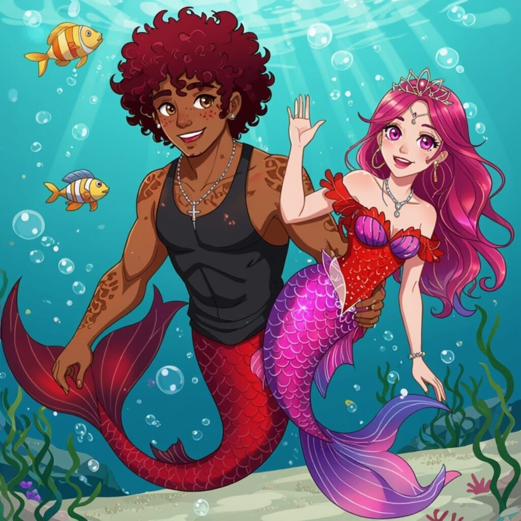 Anime Mermaids and Merman in Ocean Scene