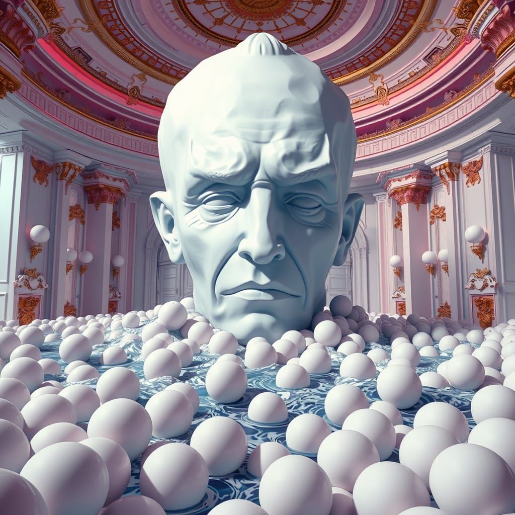 Surreal Face Rises from White Spheres in Pop Art Style