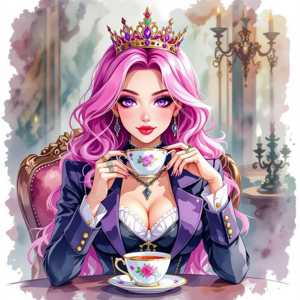 Pink-Haired Queen Sipping Tea in Watercolor Style