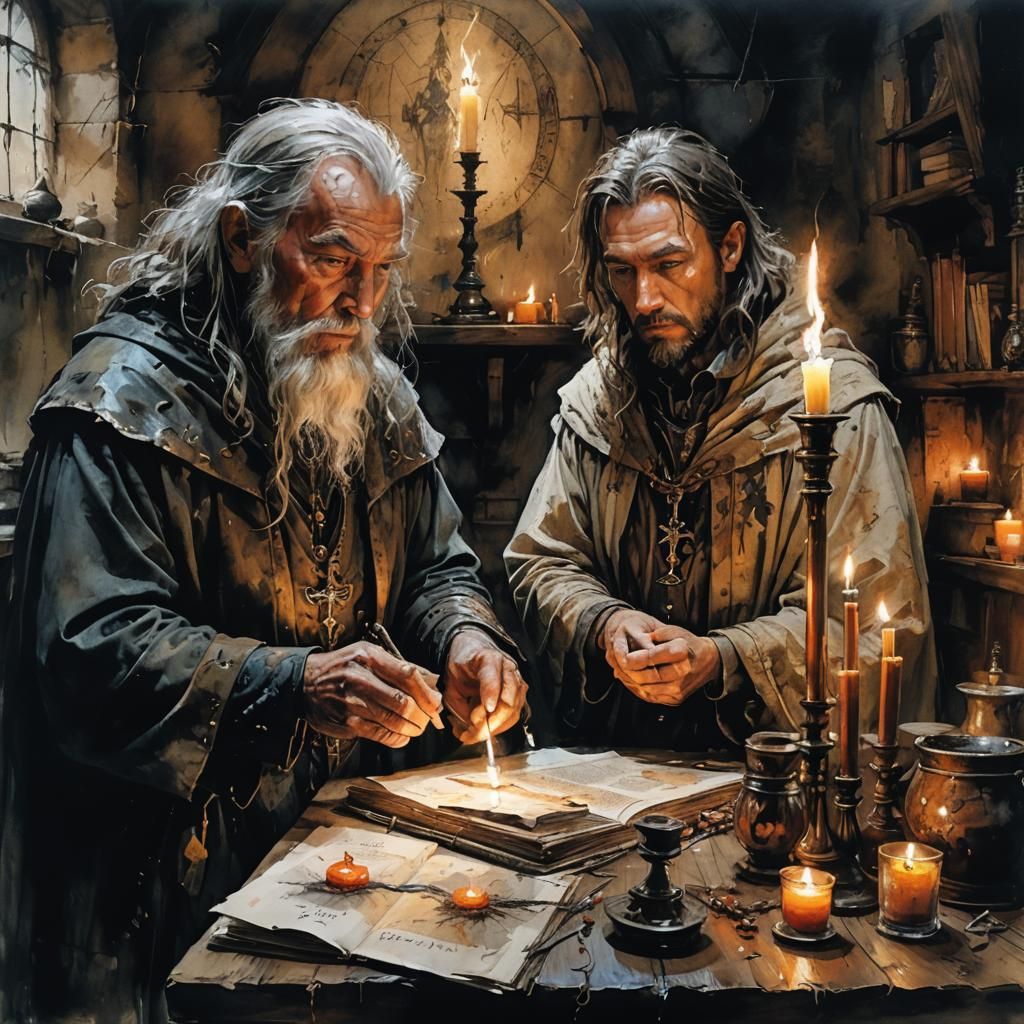 Sorcerer Teaching Apprentice Spell in Medieval Lair