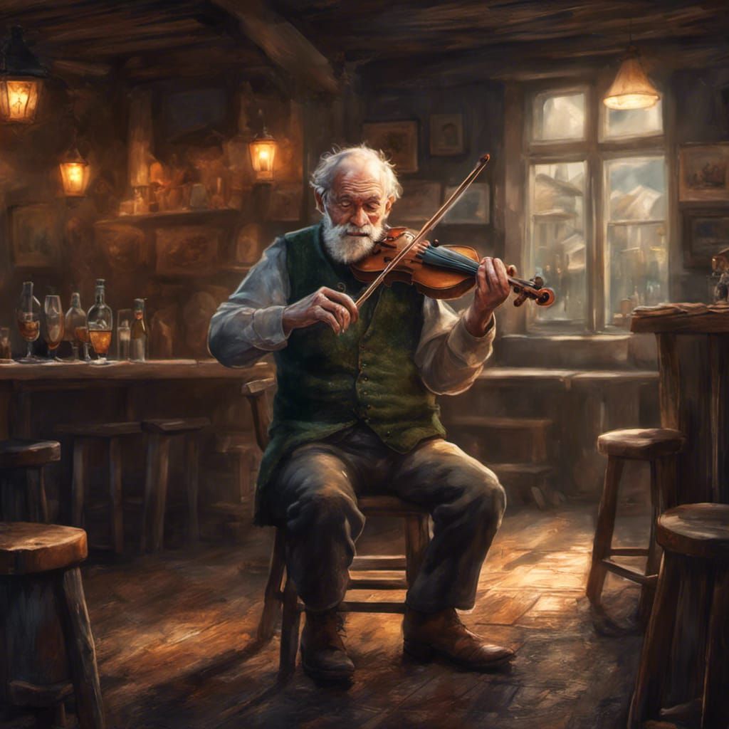 Irish Fiddler in Village Pub: Detailed Matte Painting