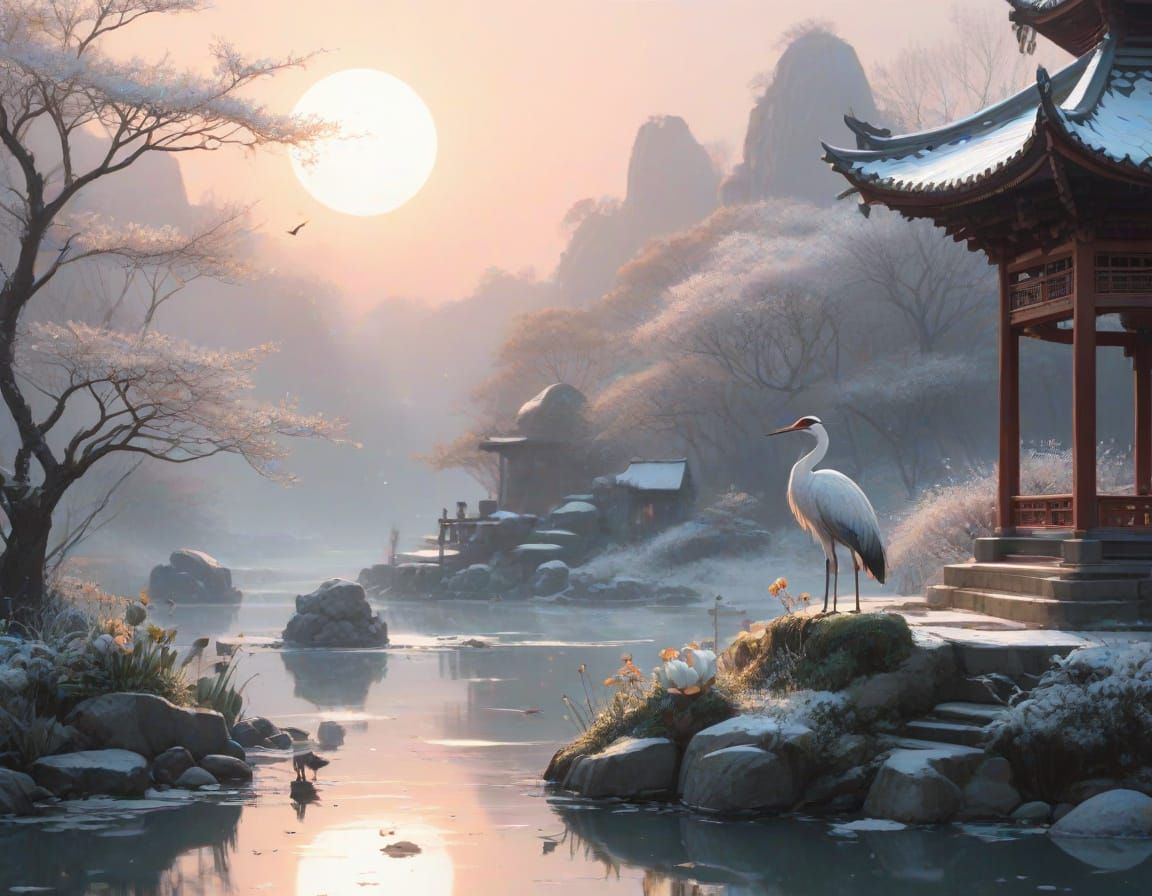 Winter Moon Pagoda Crane in Watercolor Style