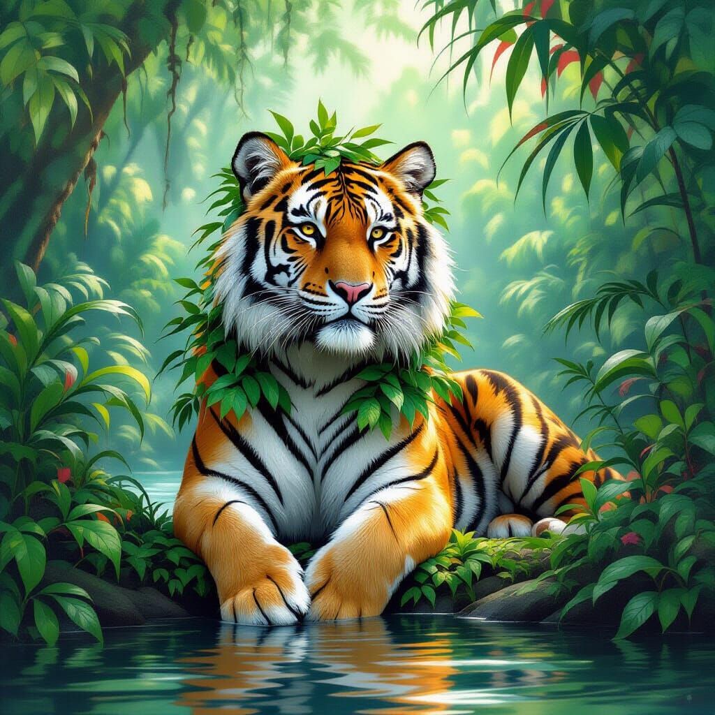 Tiger in Jungle with Lush Foliage: Art Nouveau Style