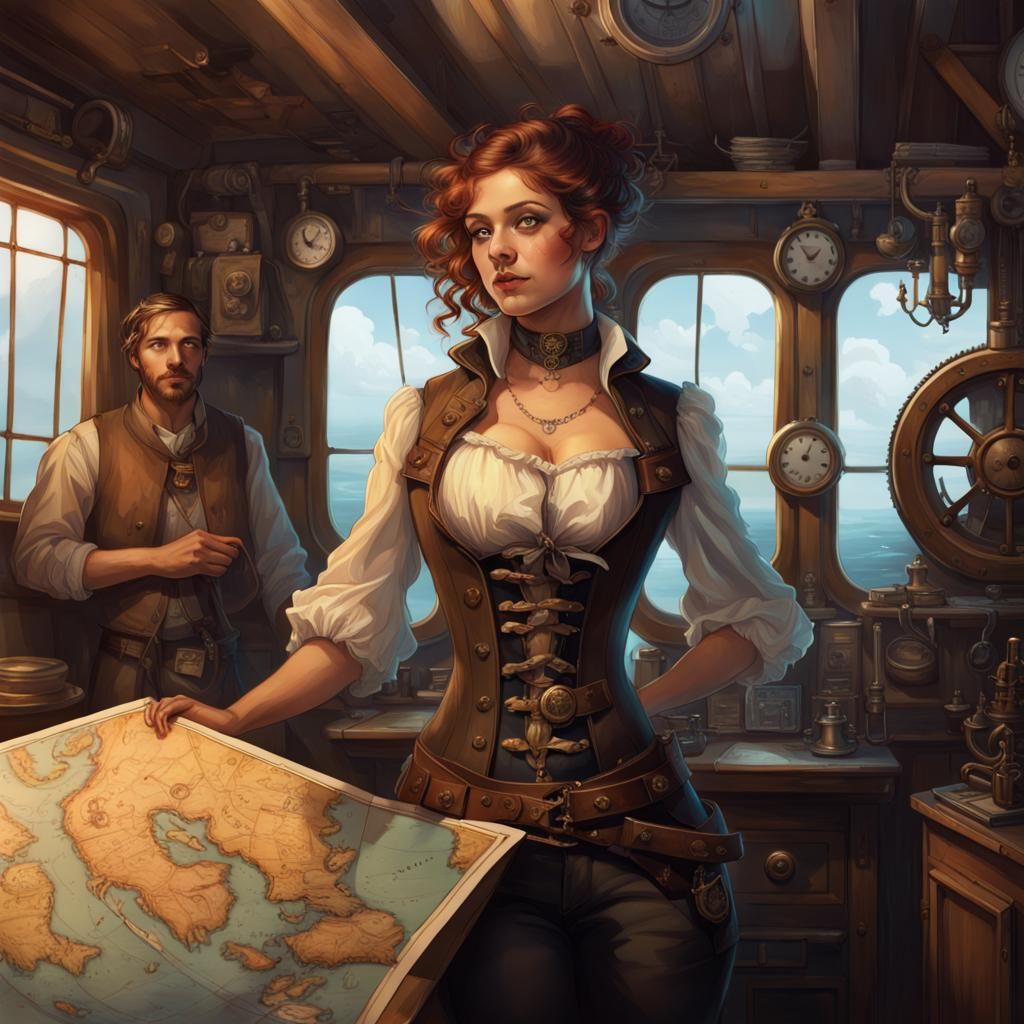 Steampunk Navigator with Pirate Map, Hyperdetailed Portrait