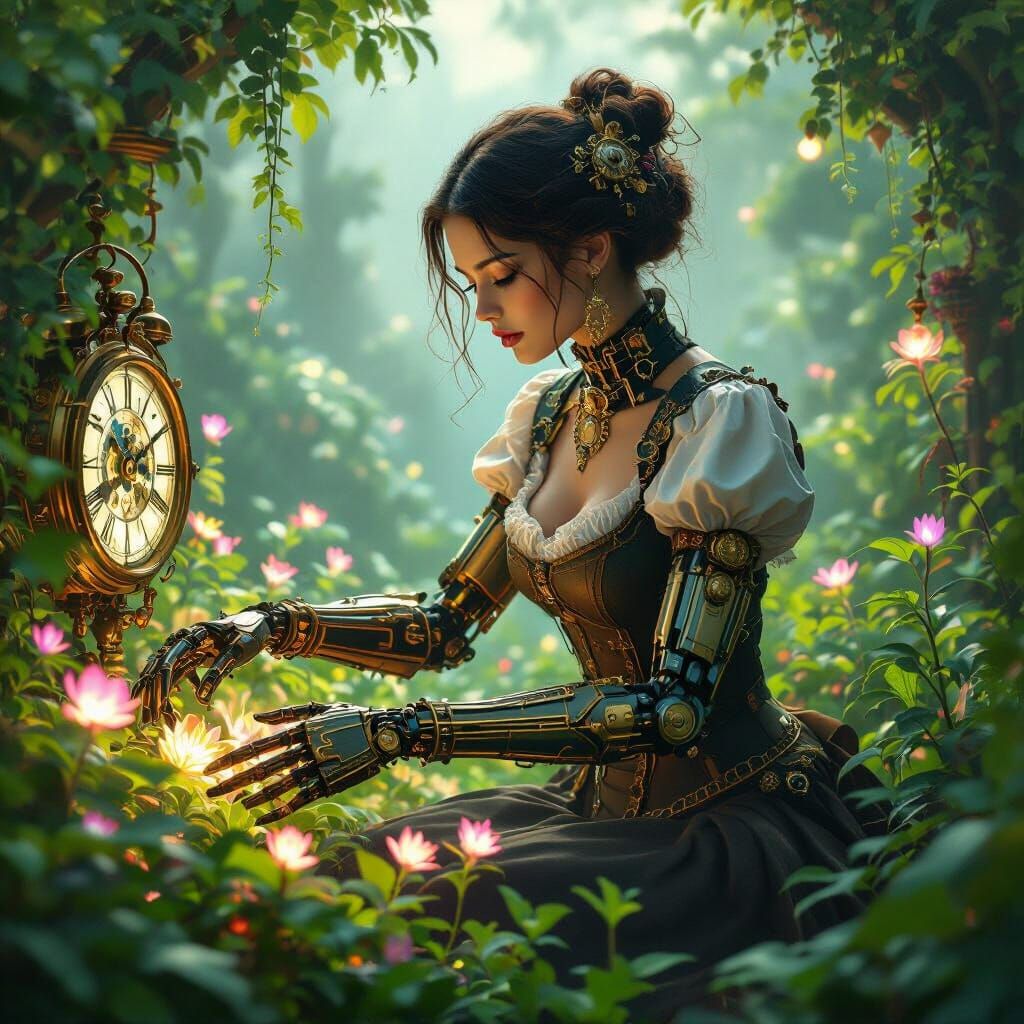 Woman with Clockwork Limbs Tends Bioluminescent Garden