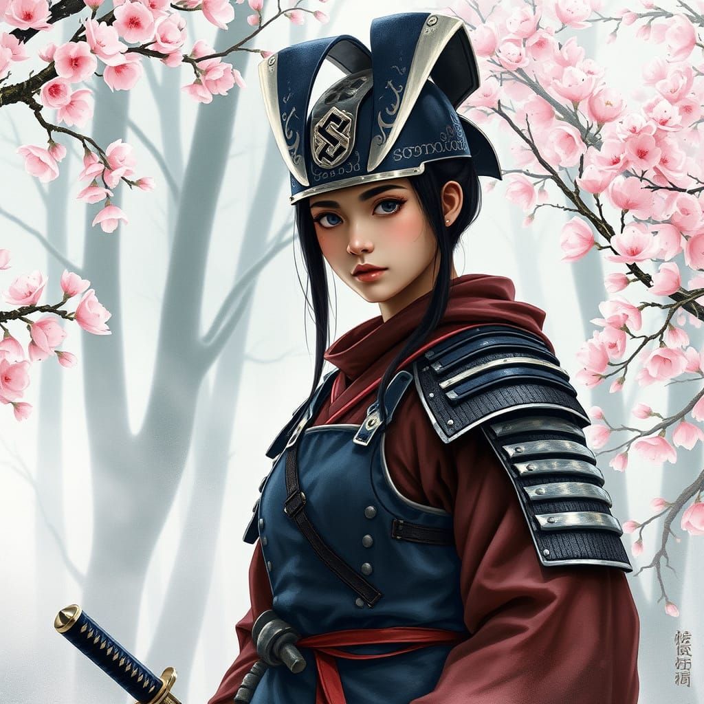 Elegant Samurai Woman in Misty Cherry Blossom Forest