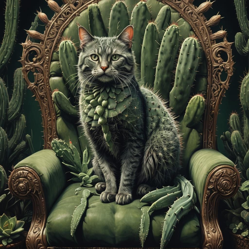 Green Cactus Cat in Hyperreal Victorian Style