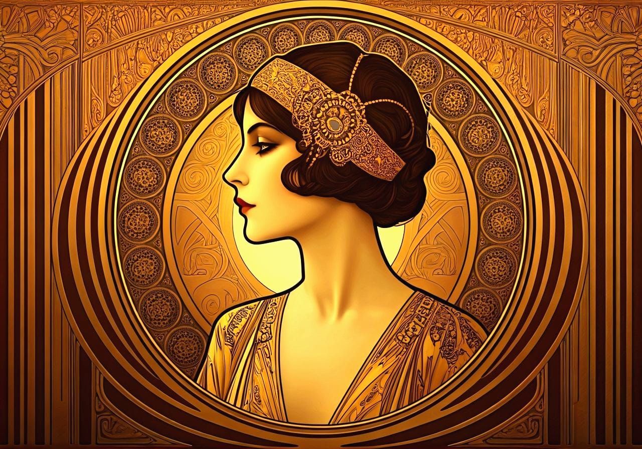 Art Deco Woman in Golden Round Frame
