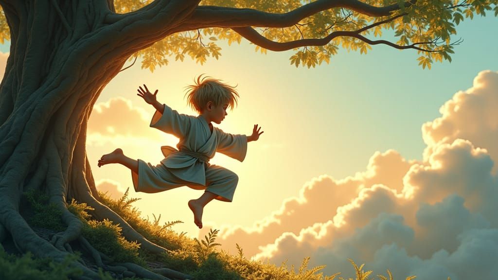 Boy's Kung Fu Kick in Dreamlike Forest