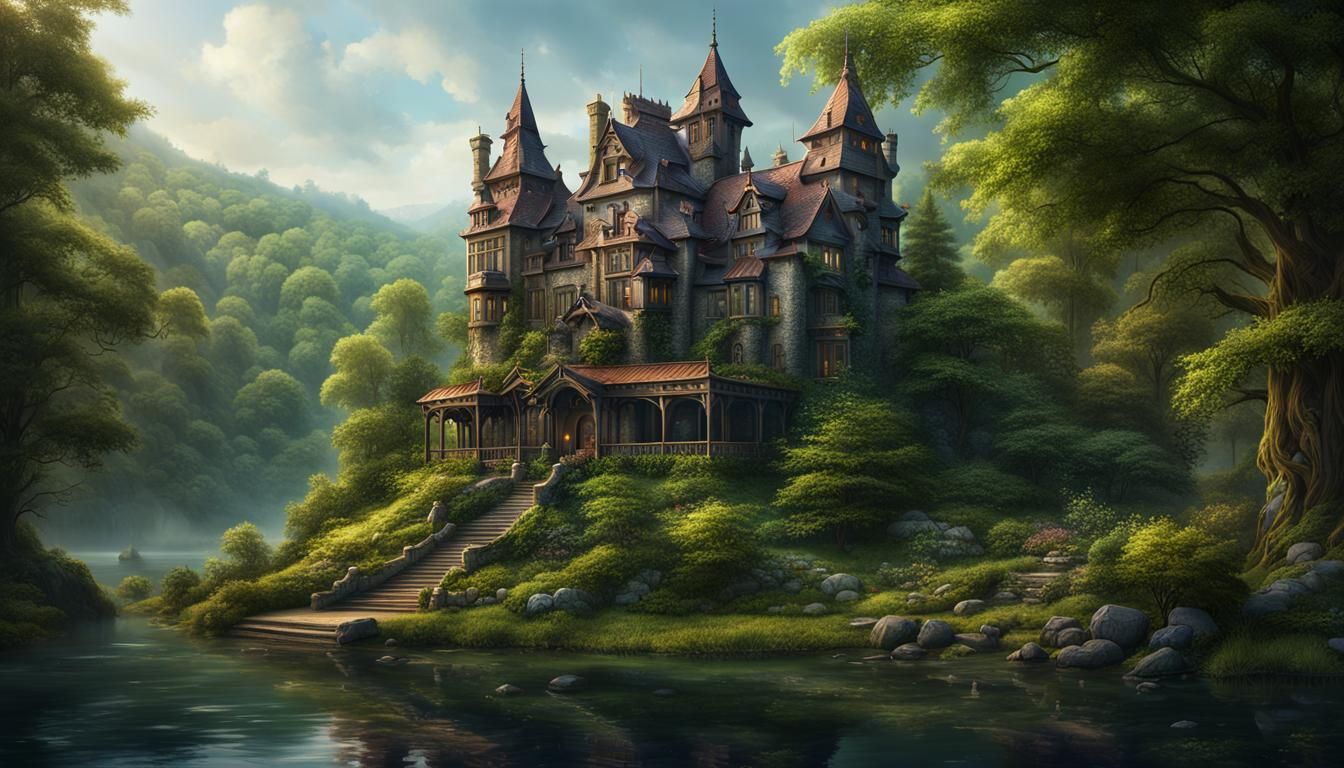Fantasy House in Green Woods: Digital Matte Painting