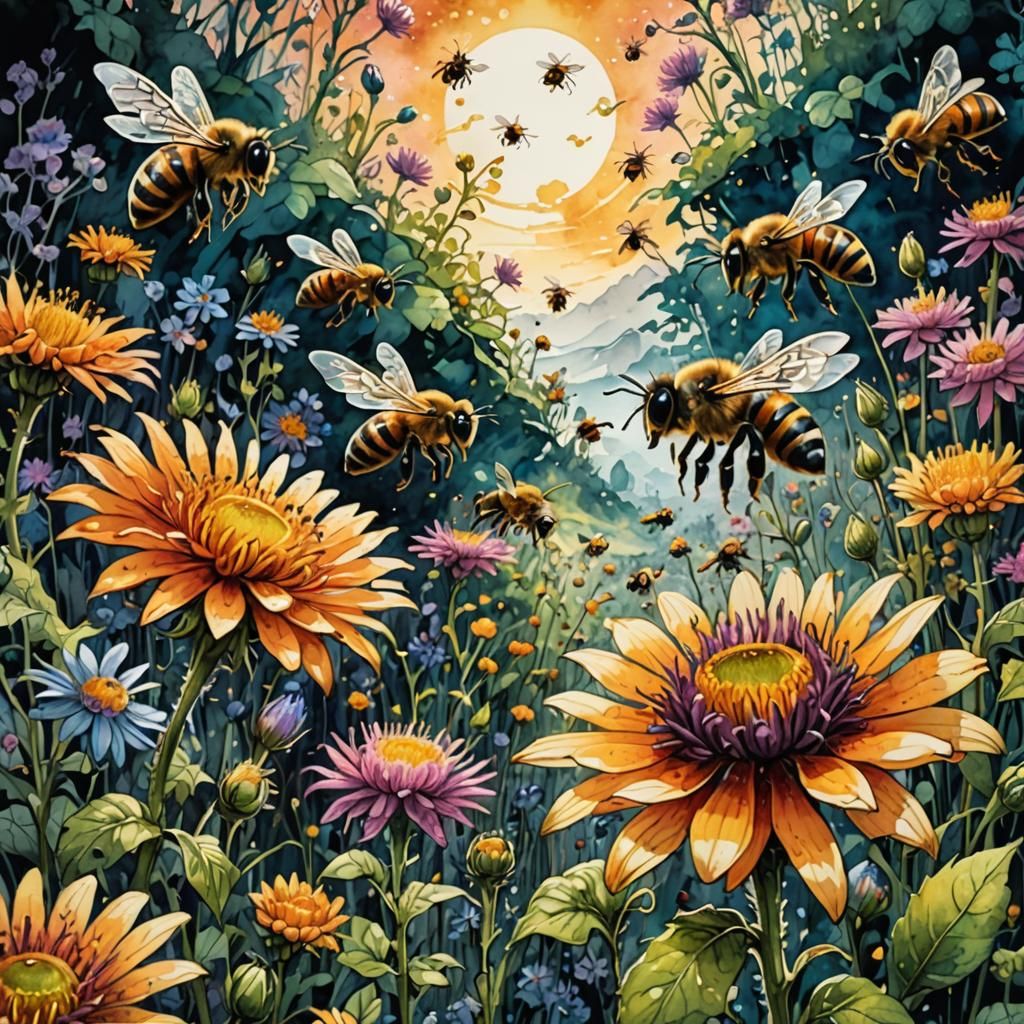 Bees on Flowers in Watercolor Fantasy Style