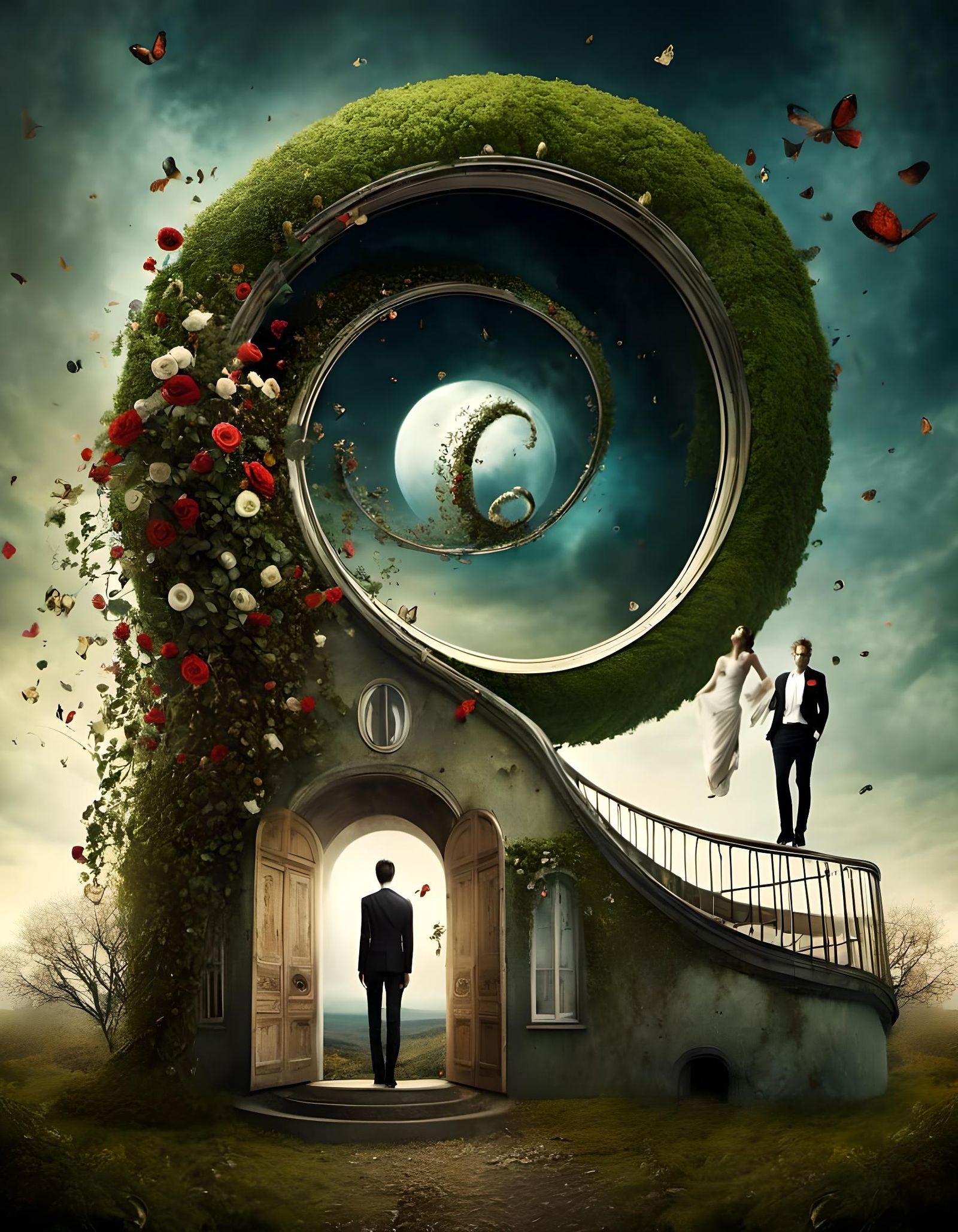 Surreal Villa with Yin Yang Symbol in Dreamscape