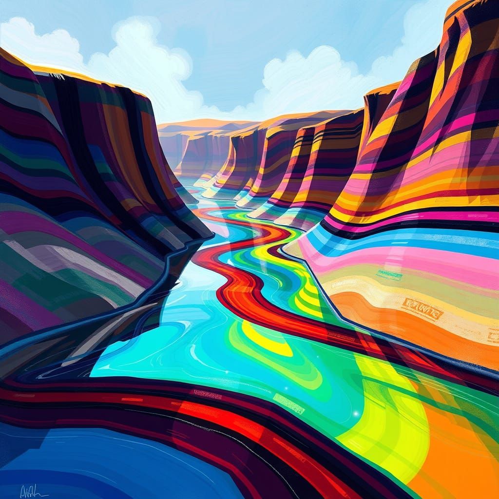 Surreal Rainbow River in Abstract Striped Canyon Landscape