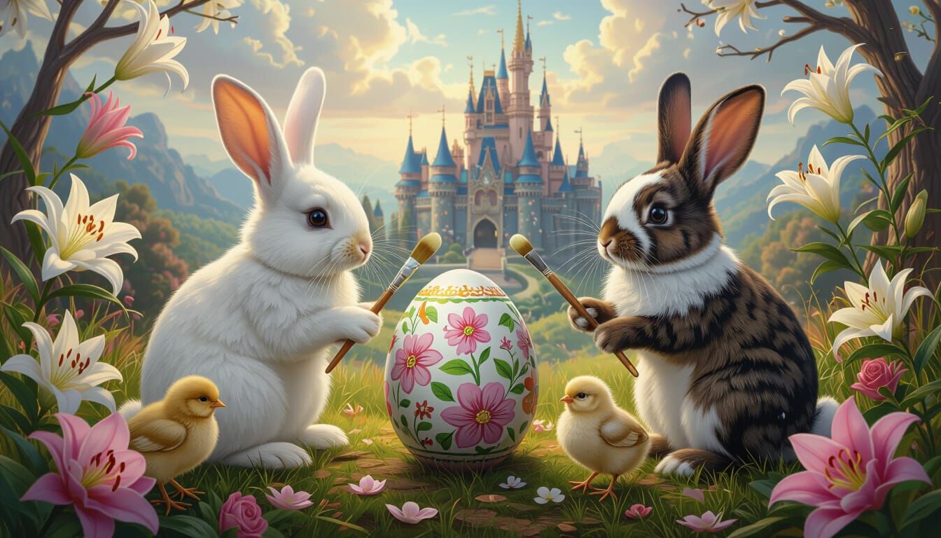 Rabbits and Chicks Painting Easter Egg in Fantasy Landscape