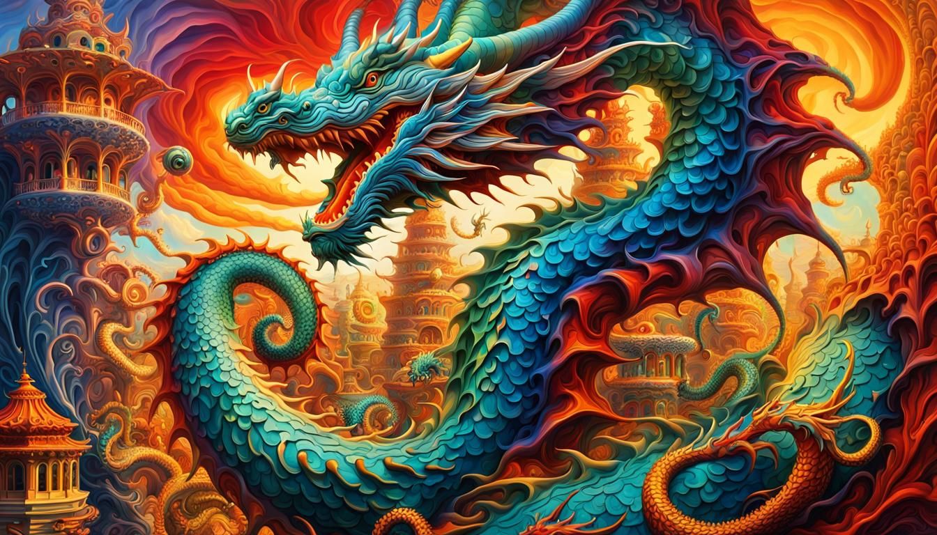 Surreal Dragonscape: Abstract Architecture in Vibrant Colors