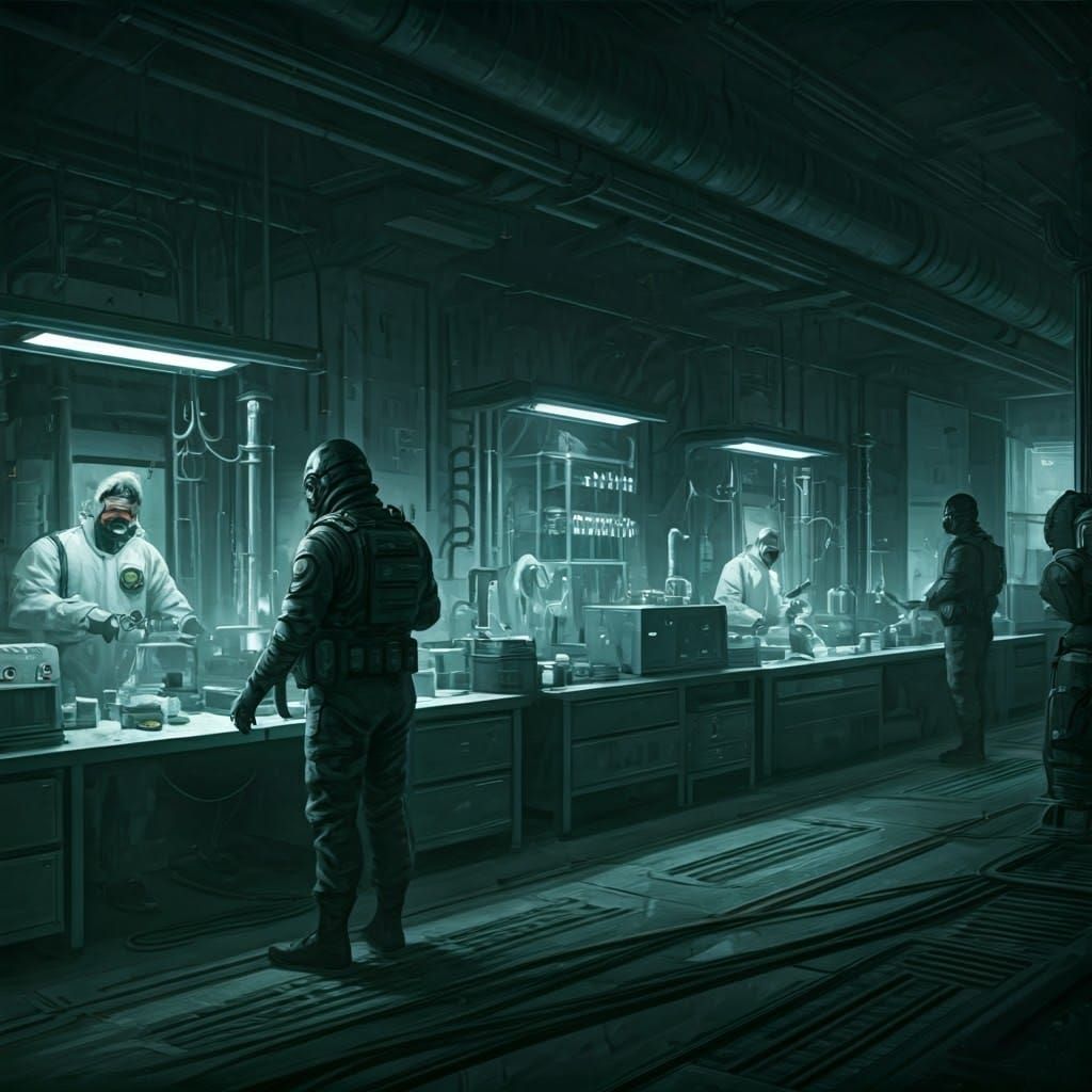 Cyberpunk Drug Lab Scene in Dark, High-Contrast Style