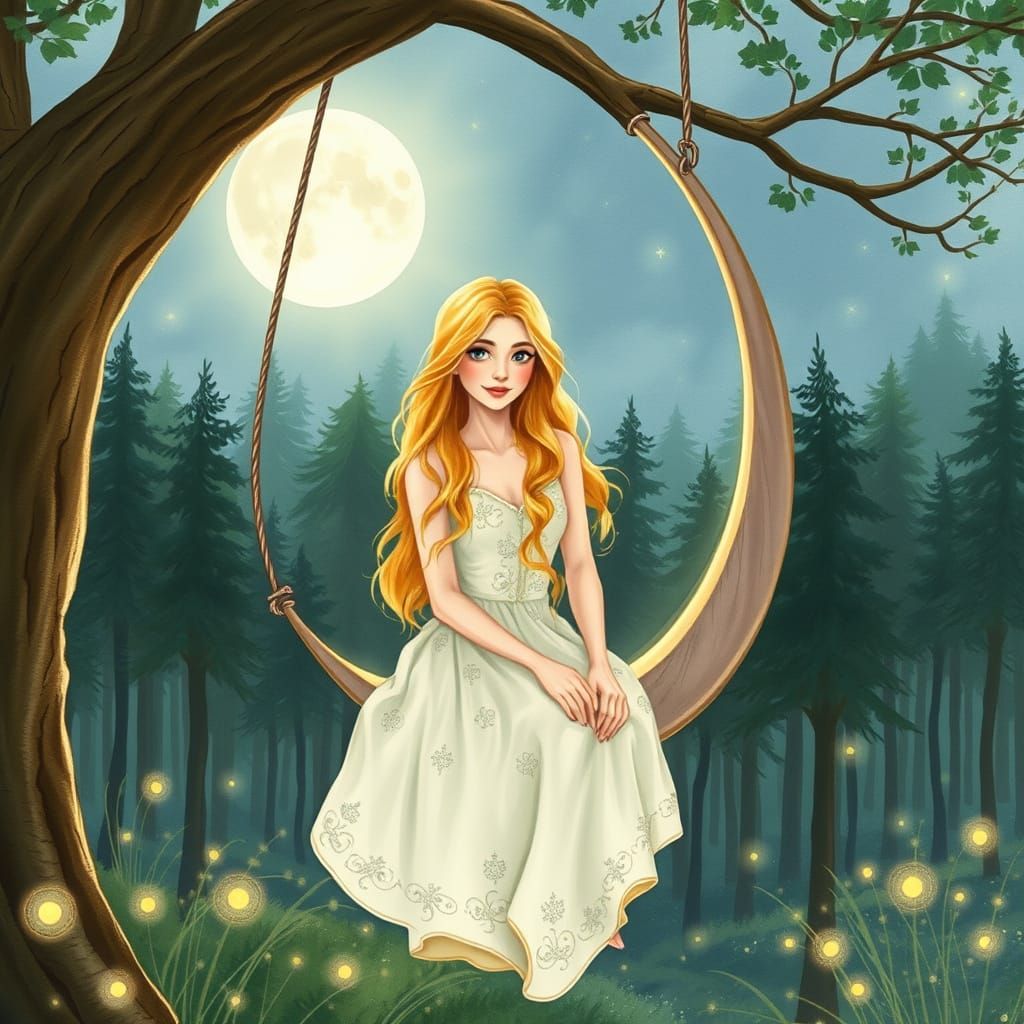 Woman in Whimsical Watercolor Forest Scene