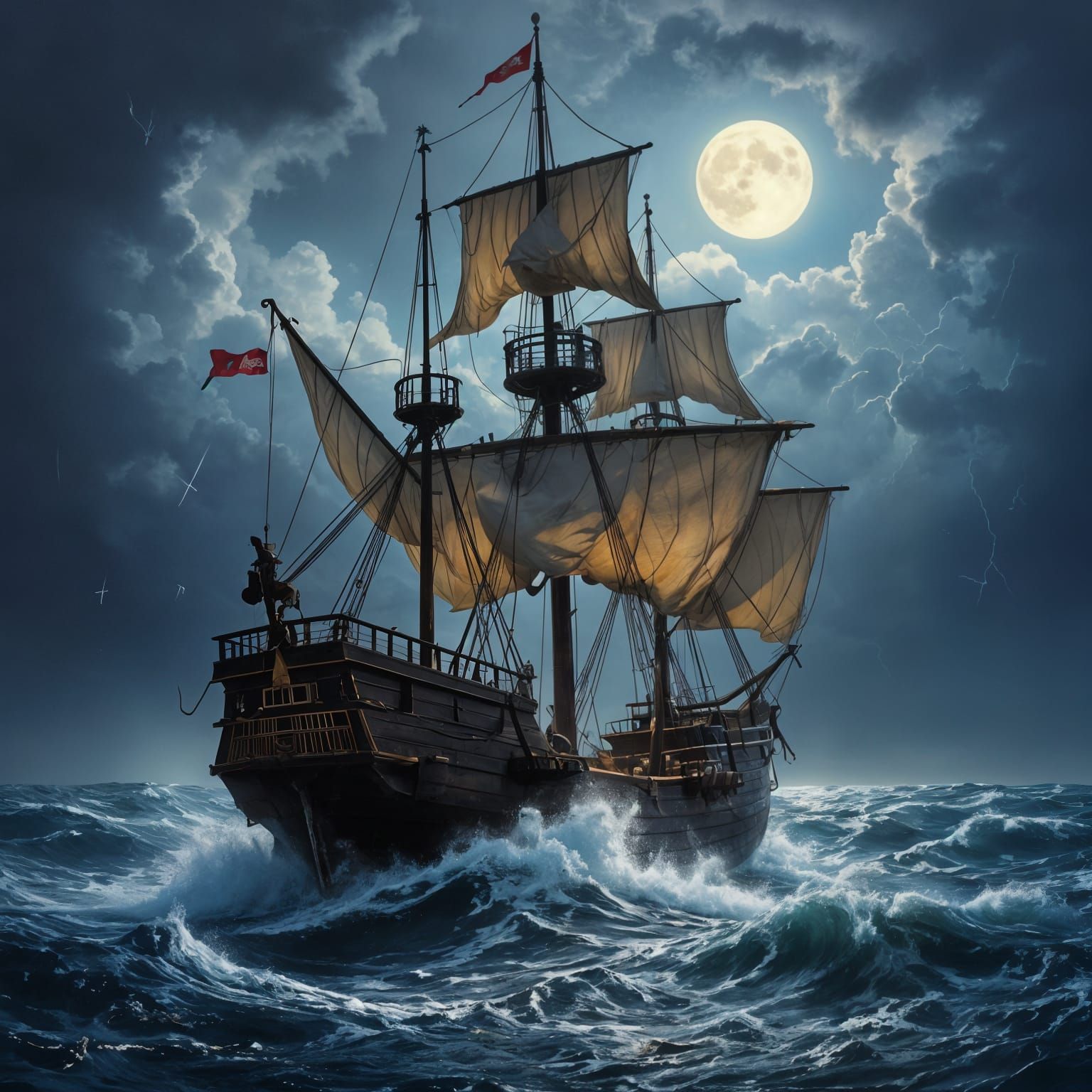 Pirate Galleon Battles Stormy Seas Under Quarter Moon