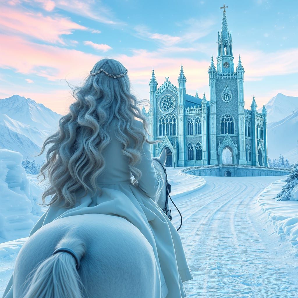 Elegant Lady Rides Majestically to Gothic Ice Castle