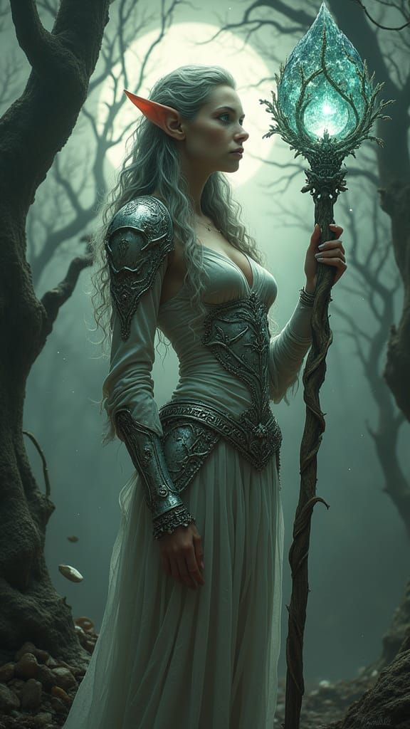 Ethereal Elven Queen in Ancient, Petrified Forest