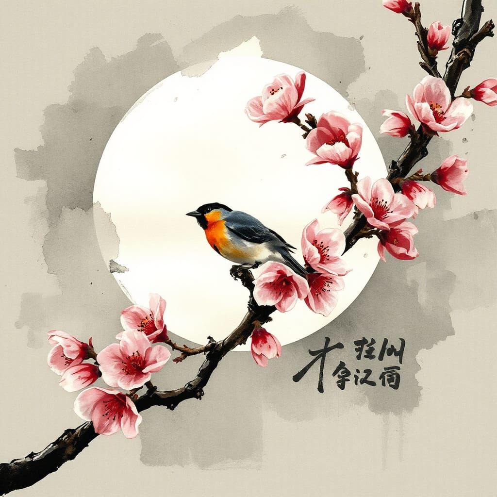 Expressionist Ink Painting of Cherry Blossom Tree and Bird