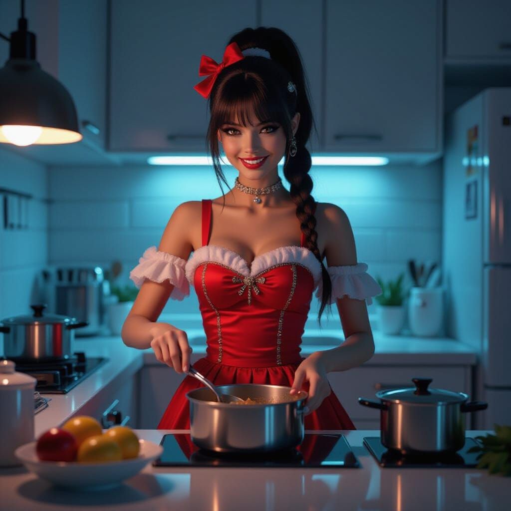 Cyber Doll Cooks Holiday Meal in Neon Kitchen