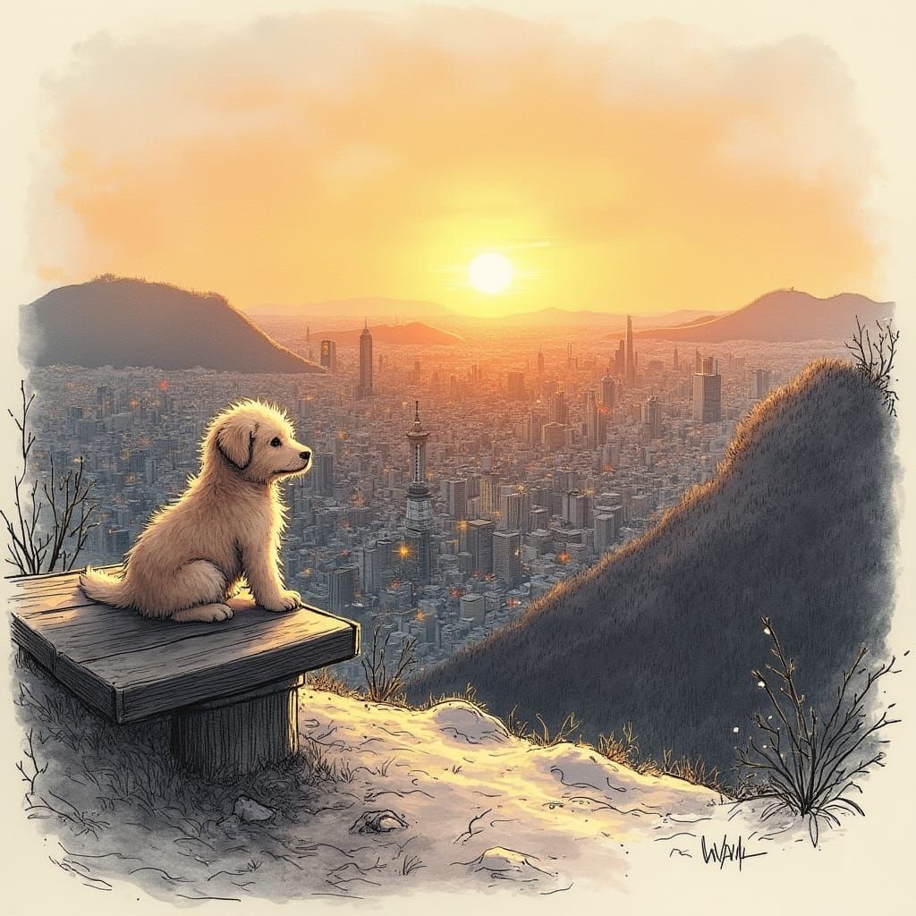 Puppy Gazes at Tokyo Cityscape at Sunset
