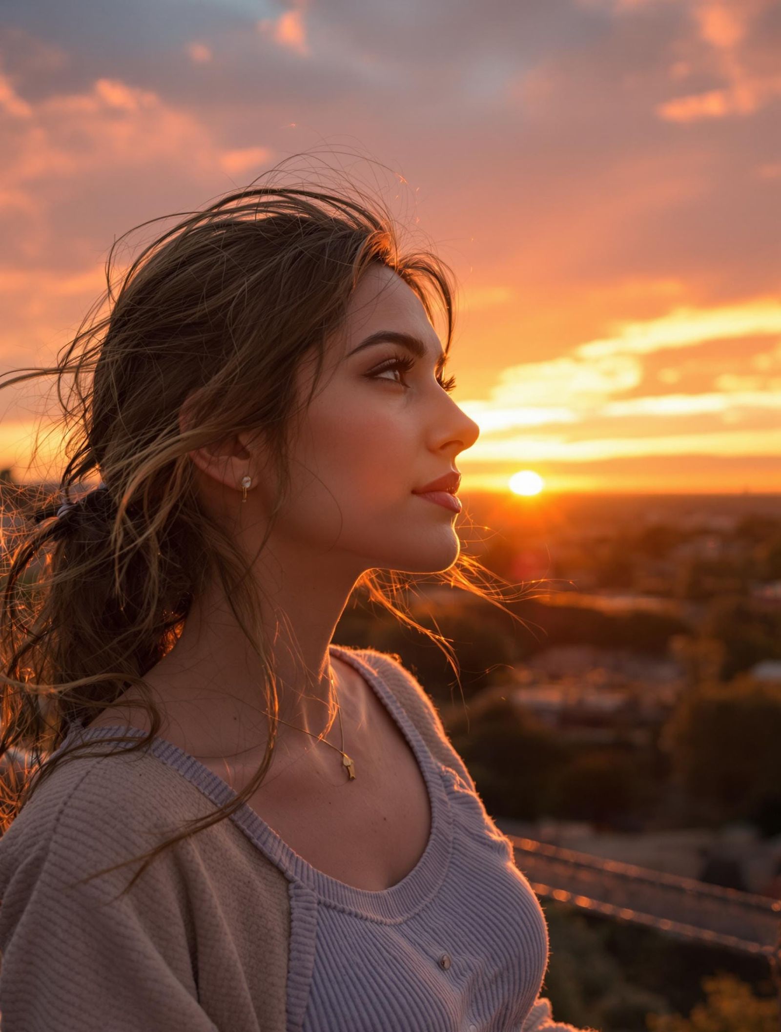 Hyperrealistic Woman Admires Sunrise in Photorealistic Portr...
