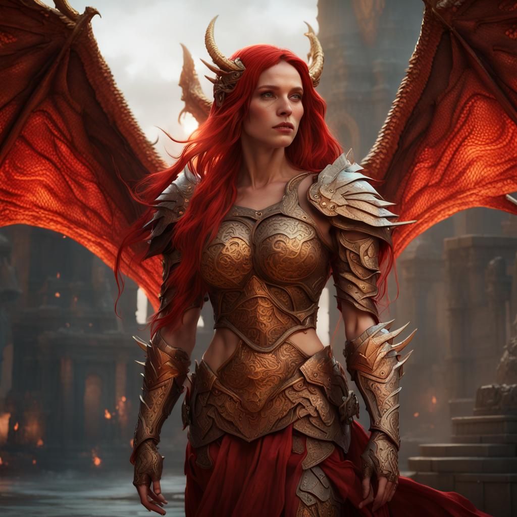 Armored Woman with Dragon Wings in Dark Fantasy Style