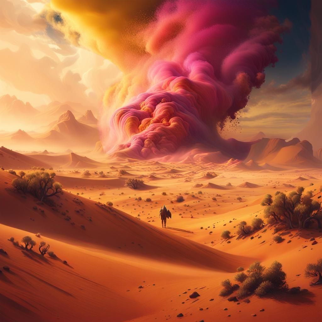 Colorful Paint Powder Sandstorm in Desert Landscape