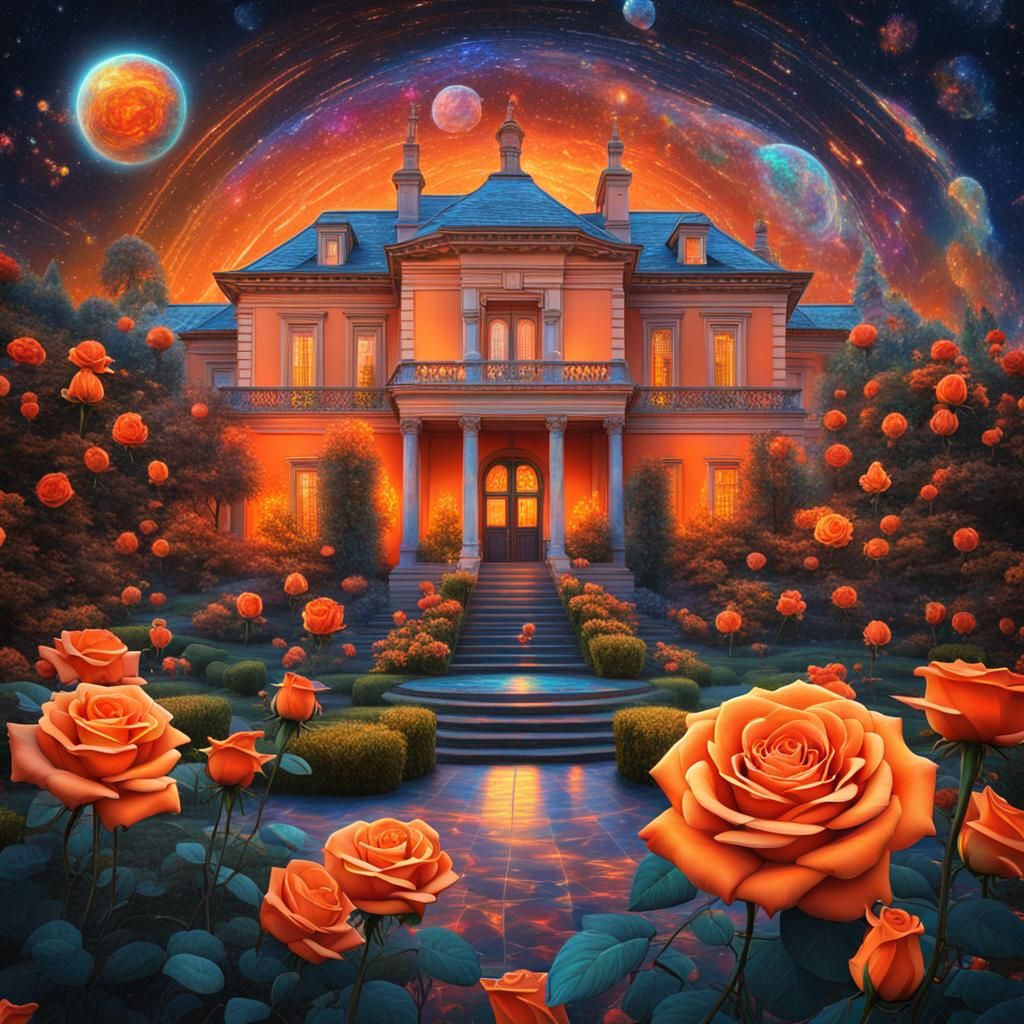 Orange Rose Garden Mansion: Cosmic Illustration