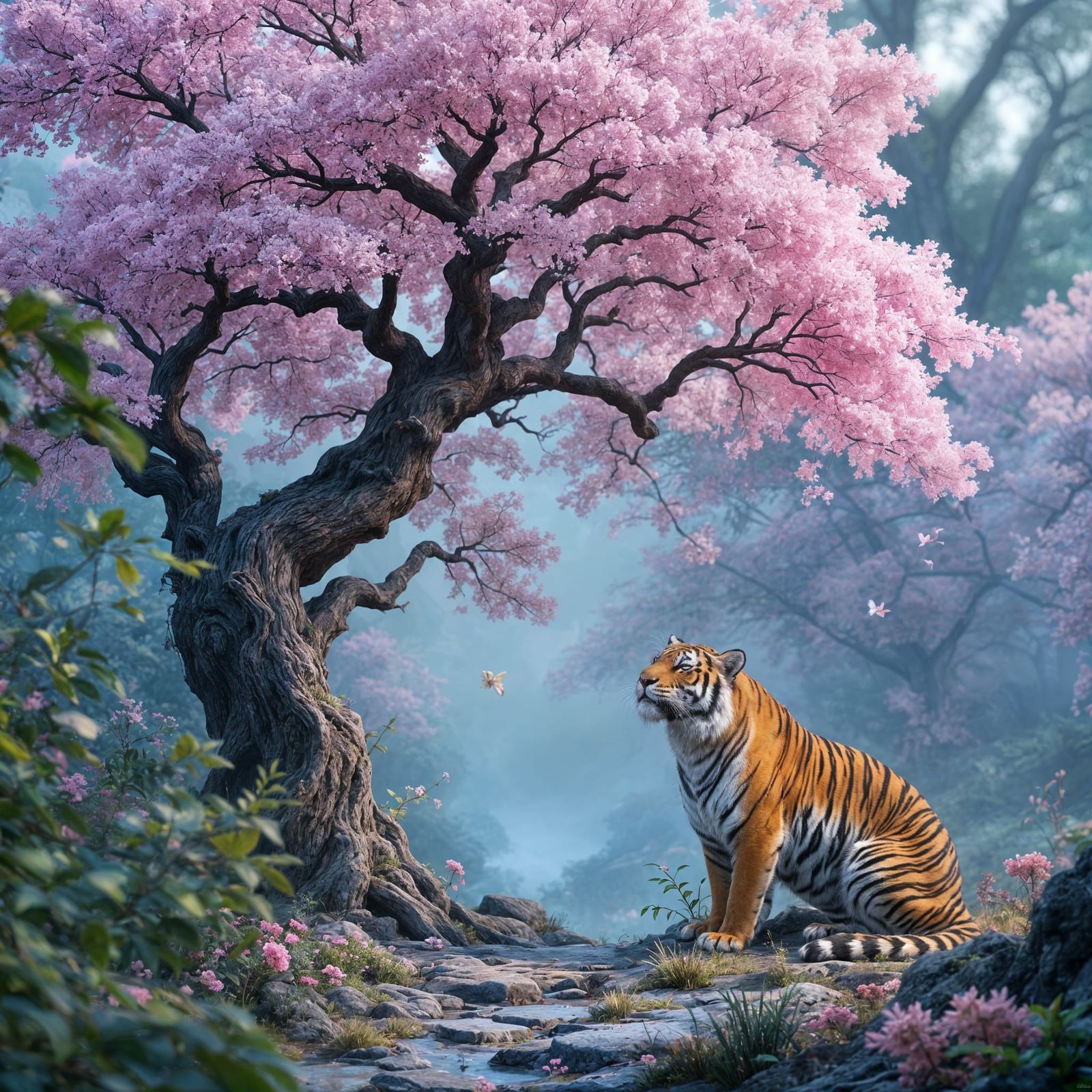 Fantastical Tiger Amidst Vibrant Pink Canopy